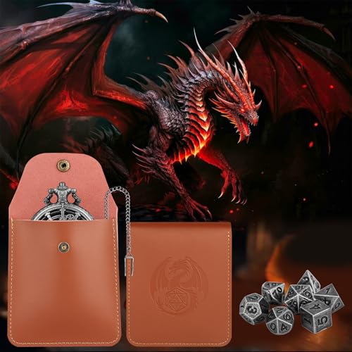 Hollow Gear Pocket Watch Dice Set, DND Metal Dice Set for RPG, Mini DND Dice for Board Game, DND Gifts with Leather Bag, Tabletop Games Accessory, Xmas Stocking Stuffer, Dark Silver - color: Dark Silver