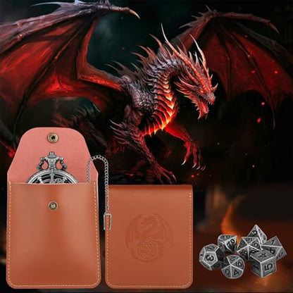 Hollow Gear Pocket Watch Dice Set, DND Metal Dice Set for RPG, Mini DND Dice for Board Game, DND Gifts with Leather Bag, Tabletop Games Accessory, Xmas Stocking Stuffer, Dark Silver - color: Dark Silver