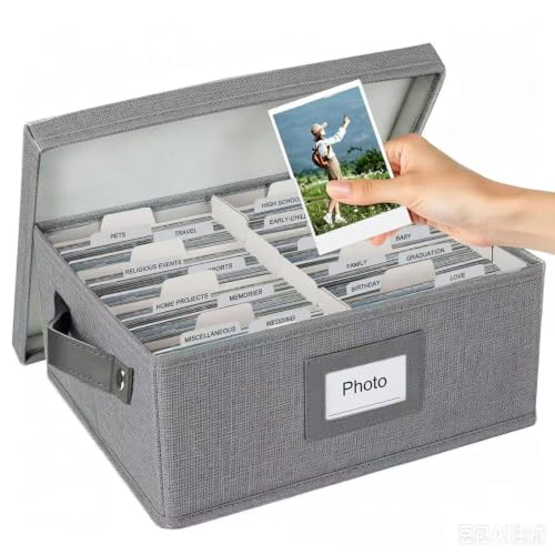 Photo Storage Box, Linen Photo Organizer with Handles, Decorative Storage Box with Dividers for 4" x 6" Photos, Memory Box Keepsakes Holds Up to 1,700 Pictures, Postcard (Grey) - color: Grey