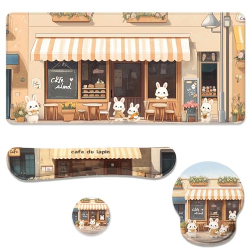 Kawaii Bunny Desk Mat Set Cozy Cartoon Bunny Cafe Mouse Pad with Wrist Rest 4in1 Desk Mat for Desktop Ergonomic Keyboard Wrist Support Anti-Slip Computer Ergonomic Mouse Pad Home Office Gaming - color: Kawaii Bunny