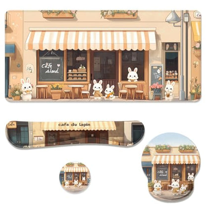 Kawaii Bunny Desk Mat Set Cozy Cartoon Bunny Cafe Mouse Pad with Wrist Rest 4in1 Desk Mat for Desktop Ergonomic Keyboard Wrist Support Anti-Slip Computer Ergonomic Mouse Pad Home Office Gaming - color: Kawaii Bunny