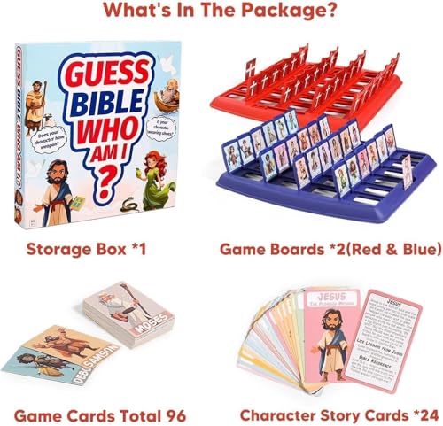 Bible Guesses Who Game, Who Am I Board Games for Family, 24 Holy Characters with Scripture & Life Story Cards, Christian Religious Trivia for Sunday School Youth Group Gift