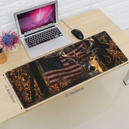 American Flag Whitetail Deer Mouse Pad, X-Large Gaming Desk Mat (31.5 x 11.8 in), Non-Slip Rubber Base Extended Mousepad with Stitched Edges for Office & Home - color: 26