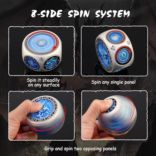 DNDND Unique Hexagonal Spinner Metal Dice, 8-in-1 DND Dice with Dual D20 Monster Themed Dice Set for DND Dungeons and Dragons, Dungeon Masters with Collectible Gift Tin (Silver with Blue) - color: Silver Blue