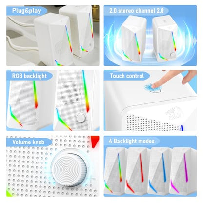 Redragon GS510 RGB Desktop Speakers, 2.0 Channel PC Computer Speaker with 4 Colorful LED Backlight Modes, Enhanced Bass and Easy-Access Volume Control, USB Powered w/ 3.5mm Cable, White - color: White