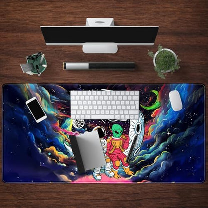 Funny Space Mouse Pad Desk Mat Astronaut Alien Large Gaming Mouse Pads Anime Desk Pad Mousepad XXL Cool Trippy Universe Extended Keyboard Mat with Stitched Edges Anti-Slip, 31.5 X 15.8 in - color: Blue Nebula