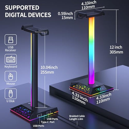 Gaming Headset Stand, RGB Headphone Holder with 2 USB Ports for Desk | RGB lighting effects, 2 USB charging ports, sturdy non-slip base. Perfect for gaming desk, office, gift for gamers.