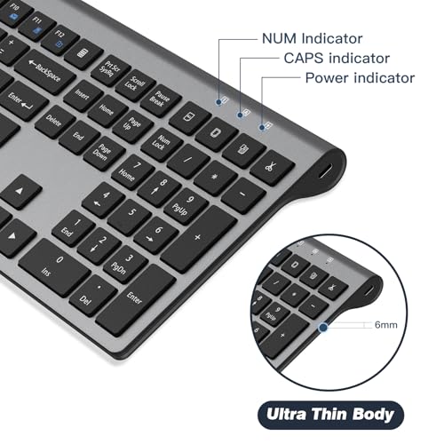 Rechargeable Wireless Keyboard, FullSize Scissor Switch Keyboard, Gray | QWERTY Layout Silent Keyboard, Ergonomic, 12 Multimedia Shortcut Keys for PC/Desktop/Laptop/Windows