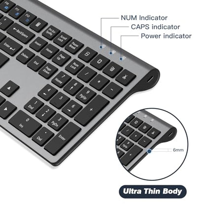 Rechargeable Wireless Keyboard, FullSize Scissor Switch Keyboard, Gray | QWERTY Layout Silent Keyboard, Ergonomic, 12 Multimedia Shortcut Keys for PC/Desktop/Laptop/Windows