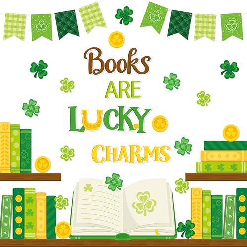 TICIAGA St.Patrick’s Day Book Learning Bulletin Board - 66Pcs Book are Lucky Charms Shamrock Bookshelf Cutout Border with Book Flag Banner for Irish School Library Classroom Chalkboard Wall Decoration - style: St Patricks Da