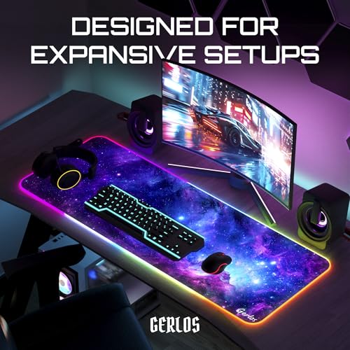 Gerlos RGB Gaming Mouse Pad, Large LED Desk Mat, 31.5 x 11.8 Inch | 12 light modes, non-slip base, water-resistant surface, stitched edges - color: Cosmic Glow