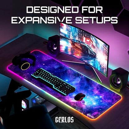 Gerlos RGB Gaming Mouse Pad, Large LED Desk Mat, 31.5 x 11.8 Inch | 12 light modes, non-slip base, water-resistant surface, stitched edges - color: Cosmic Glow