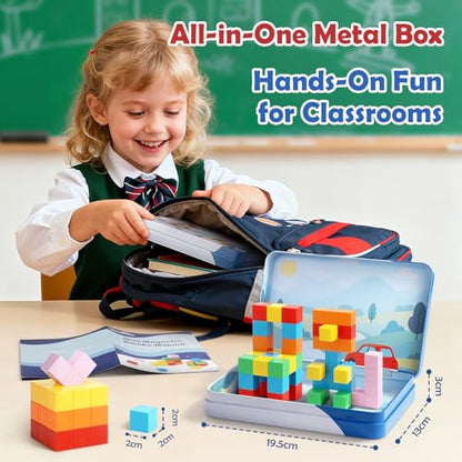 52 PCS Magnetic Blocks with Metal Box, 0.8in Mini Building Cubes Travel Toy | Magnetic Building Blocks Travel Airplane Classroom Toys for Kids Ages 3+, STEM Educational Toys for Boys Girls Birthday Gifts - color: Colorful