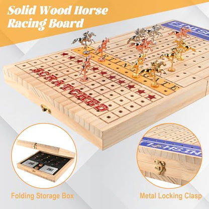 Horse Race Board Game, Foldable Wood Race Board, Race Horse Game | 21 In Horse Race Board with 11 Metal Horses 2 Dice 2 Decks of Cards and 120 Chips for Friends Adults Family Party Game Night