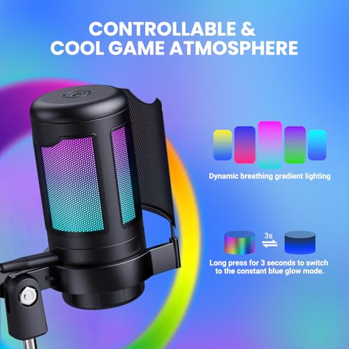 USB Gaming Microphone Kit, RGB Condenser Mic with Mute, Gain, Monitoring Adjustable Boom Arm Stand, Pop Filter, for Streaming, Podcasting, PC Gaming, YouTube, Compatible with PS4/PS5/Windows/Mac