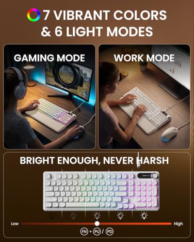 EWEADN Wired Keyboard and Mouse Combo with Detachable Wrist Rest, Quiet Ergonomic Keyboard Mouse Set with Multimedia Knob, RGB Backlit, Double-Shot Keycaps Natural Typing for Laptop, PC - White - color: White