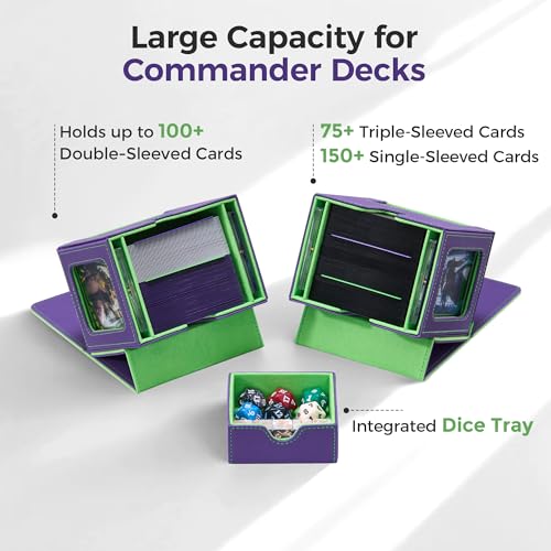 MTG Commander Deck Box with Dual Display Windows and Dice Tray | Fits 100 Double-Sleeved Cards, PU Leather, 2 Magnetic Card Holders, 2 Dividers, Purple & Neon Green - color: 1. Purple & Neon Green