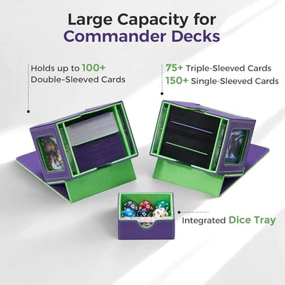 MTG Commander Deck Box with Dual Display Windows and Dice Tray | Fits 100 Double-Sleeved Cards, PU Leather, 2 Magnetic Card Holders, 2 Dividers, Purple & Neon Green - color: 1. Purple & Neon Green
