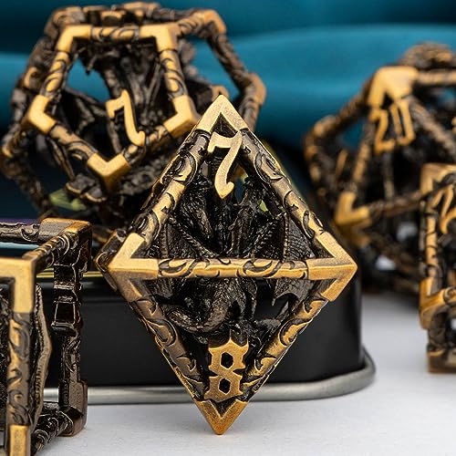 ARUOHHA Hollow DND Dice Set Antique Gold 5-Headed Dragons D and D Dice with Gift Box, Role Playing Games 7PCS RPG Metal Dungeons Polyhedral Dice D20 D12 D10 D8 D6 D4 - color: Ancient Gold-02