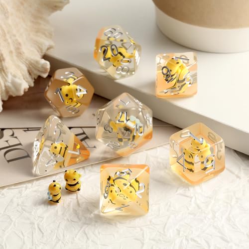 Bee D&D Dice,DNDND 7PCS Resin DND Dice Set with Velvet Bag for Dungeons and Dragons Role Playing Games and Tabletop Games（Bee - color: Bee