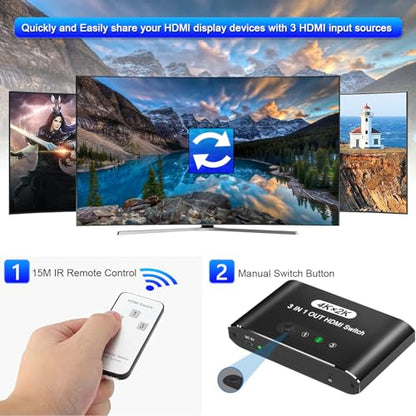 HDMI Switch 3 in 1 Out, 4K@60Hz HDMI Selector with Remote Control, 3 Ports HDMI Switcher, Perfect for Full HD 4K 1080P 3D Video Roku Fire TV Blu-ray Players Stick Apple PS4/PS5 Xbox Chromecast (black) - color: Black