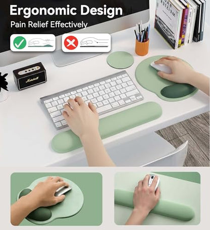 Mouse Pad with Keyboard Wrist Rest,Ergonomic Mouse Pad Wrist Support PU Base with Coaster,Mousepad with Nonslip Base for Computer Laptop Keyboard Home&Office - color: E-Green