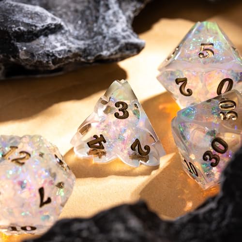 Cusdie Sharp Edge DND Dice, 7 PCS Shamrock DND Dice Set D&D D20 D12 D10 D8 D6 D4, Handcrafted Polyhedral Dice Set for RPG and Other Table Games(Transparent) - color: Transparent