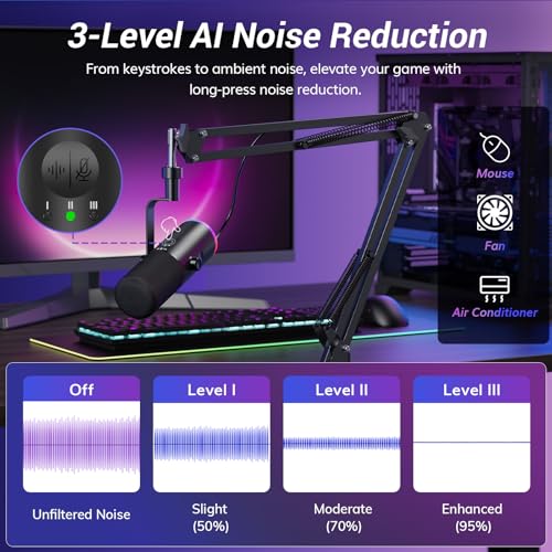 TONOR Dynamic Gaming Microphone, XLR/USB Microphone for Content Creators with AI Noise Cancellation, RGB, Tap Mute, Gain Control, Microfono with Boom Arm for Streaming, Black, TD510 AIR S H+
