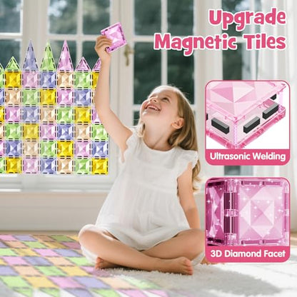Clear Crystal Glitter Magnetic Tiles: Diamond Building Blocks for Kids | 60PCS Metal Storage Box, Compatible With Most Tile Sets, Strong Magnets, Ages 4-8, 60+ Mins Play Travel & Home Fun - style: Medium Magnetic Tiles - 60PCS