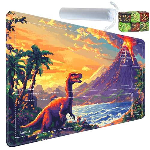 for MTG Card Playmat with Zones-Includes A Storage Bag and 6 Dice, 24 x 14 inches for TCG Playmat with Non-Slip Rubber, Game Mat, Dinosaur Volcano Eruption - color: Yux-playmats-2-2A-286
