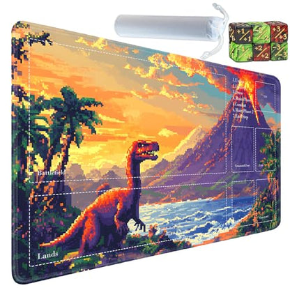 for MTG Card Playmat with Zones-Includes A Storage Bag and 6 Dice, 24 x 14 inches for TCG Playmat with Non-Slip Rubber, Game Mat, Dinosaur Volcano Eruption - color: Yux-playmats-2-2A-286