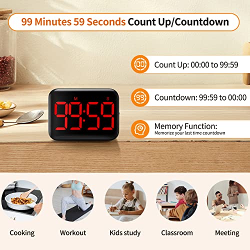 VOCOO Magnetic Kitchen Timer for Cooking with Count Up Countdown, Digital Timer Battery Powered with Large Display, 2 Brightness and Volume Levels for Classroom, Teacher, Kids (Red) - color: Dark Red