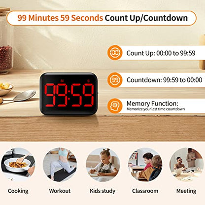 VOCOO Magnetic Kitchen Timer for Cooking with Count Up Countdown, Digital Timer Battery Powered with Large Display, 2 Brightness and Volume Levels for Classroom, Teacher, Kids (Red) - color: Dark Red