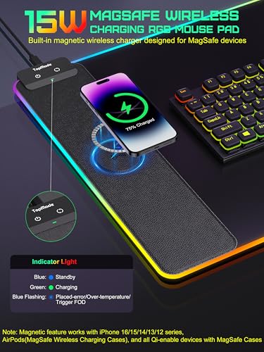 TopMade Mouse Pad with Wireless Charging, 31.5" x 11.81" Large Desk Mat RGB Gaming Mousepad, LED Desk Pad Keyboard Pad, Waterproof Desk Pad (Includes 20W PD Power Adapter & 6.56ft Woven Cable) - color: RGB Black-31.5"x11.8"-with Adapter