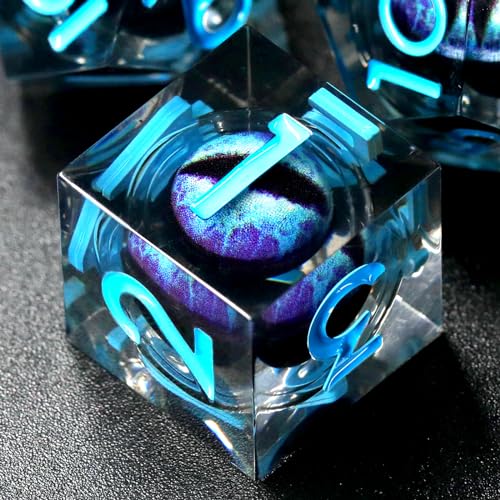 FONVGOGO Liquid Core DND Dice Set, Dragon Eye D and D Dice Resin Blue | Sharp Edged Dice Set DND for Dungeons and Dragons TTRPG RPG, Beholder Polyhedral Dice for Tabletop Games - color: Dragon Eye Blue