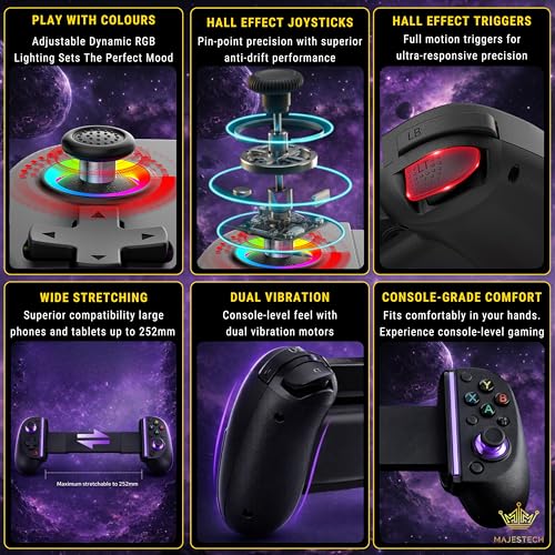 MAJESTECH NEW D8 Mobile Gaming Controller for iPhone/Android/iPad/Tablet, Play Xbox Cloud, Playstation Remote Play, Steam/PC, Switch! RGB Hall Joystick/Trigger Wireless Bluetooth Phone Game Controller