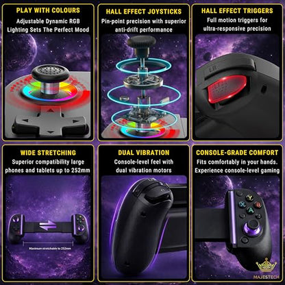 MAJESTECH NEW D8 Mobile Gaming Controller for iPhone/Android/iPad/Tablet, Play Xbox Cloud, Playstation Remote Play, Steam/PC, Switch! RGB Hall Joystick/Trigger Wireless Bluetooth Phone Game Controller