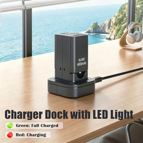4800mAh Battery Charger Compatible with Xbox 360 Controller Battery Pack | 2Pcs Remote Rechargeable Batteries + Dual Charging Station Dock with LED Indicator, Fast Charging 2 Battery At Once