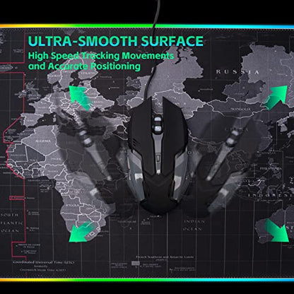 RGB Gaming Mouse Pad, Extra Large Gaming Mouse Mat for Gamer, Waterproof Office Desktop Mat with 14 Lighting Mode, Waterproof Desk Pad for PC Computer,Office (Map)