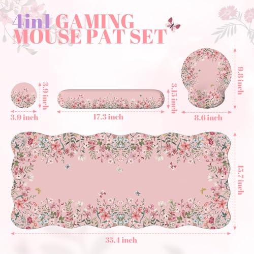 iCasso Desk Mat Set,Large Mouse Pad with Wrist Rest,Ergonomic Keyboard Wrist Support for Women,Girly Floral Computer Mat with Scalloped Edges,Non-Slip Desk Pad Home Office Gaming (Pink) - color: Pink