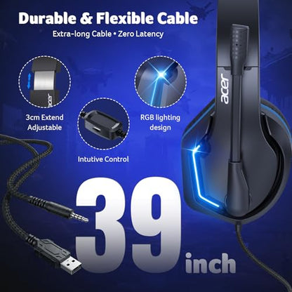 Acer Wired Gaming Headset for PS5, PS4, PC, Xbox Series X|S, Switch, Gaming Headphones with Noise Cancelling Microphone, LED Lights &50mm Speaker, 3.5mm Jack for Gaming, Black
