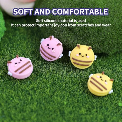 Switch Joycon Thumb Grips Caps, 4 PCS Cute Kawaii 3D Silicone Analog Thumbstick Button Cover Compatible with Nintendo Switch Lite/OLED Joystick Caps (Pink+Yellow Bee) - color: Pink+Yellow Bee
