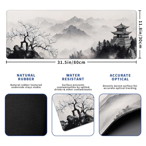 Pagoda Mouse Pad Abstract Cherry Blossom Watercolor Mouse Pad 31.5x11.8 Inch Texture Non-Slip Rubber Base Large Mousepad Stitched Edges Keyboard Mouse Mat Desk Pad for Office - color: Pagoda