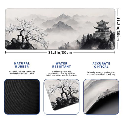 Pagoda Mouse Pad Abstract Cherry Blossom Watercolor Mouse Pad 31.5x11.8 Inch Texture Non-Slip Rubber Base Large Mousepad Stitched Edges Keyboard Mouse Mat Desk Pad for Office - color: Pagoda