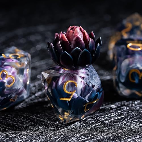 7PCS DND Dice Set,Transparent Sharp Edge Dice Set D&D RPG Polyhedral Die,for Dungeons and Dragons TTRPG Games Roleplaying Games,with Gift Box(Purple Blue Lotus) - color: Lotus Purple Black