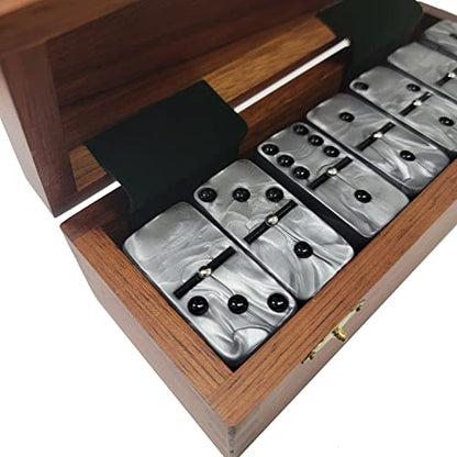 Marion Domino Double Six Silver Marbleized Jumbo Tournament Professional Size with Spinners in Dovetail Sheesham Wood Box. - color: Silver