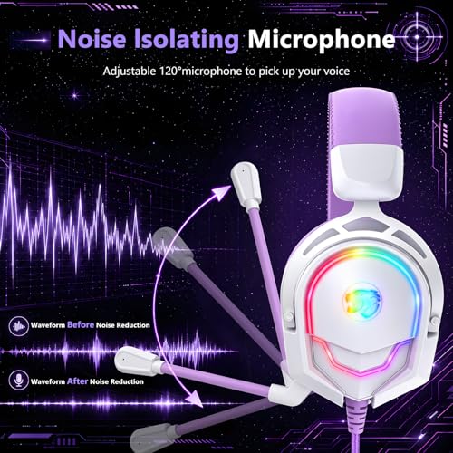 K98 Wired RGB Gaming Headset with Mic, Over Ear Gaming Headphones, 50mm Neodymium Drivers, Noise Isolating Microphone, Memory Foam Cushions, Aluminum Alloy Frame for PC, PS5, PS4, Xbox, Switch - color: White/Purple RGB