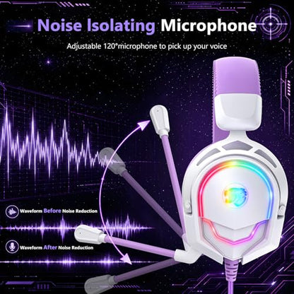 K98 Wired RGB Gaming Headset with Mic, Over Ear Gaming Headphones, 50mm Neodymium Drivers, Noise Isolating Microphone, Memory Foam Cushions, Aluminum Alloy Frame for PC, PS5, PS4, Xbox, Switch - color: White/Purple RGB
