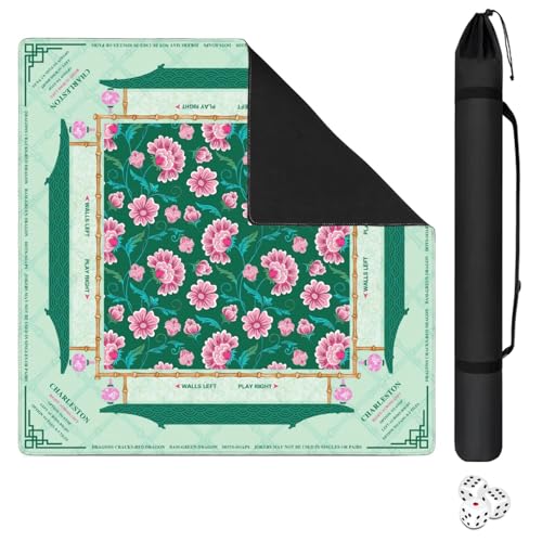Mahjong Mat for Table with Carrying Bag & 3 Dice, Green Pink Floral 31.5"x31.5" Square Rubber Mahjong Table Cover, Non-Slip & Noise Reduction Gaming Mat for Mah Jongg, Poker, Dominoes & Tile Games - color: Green Pink