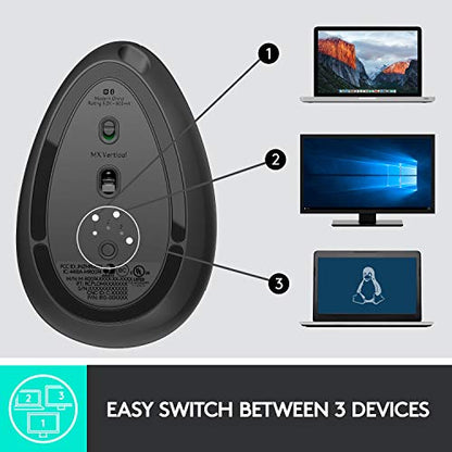 Logitech MX Vertical Wireless Mouse Ergonomic Design - Graphite | Reduces muscle strain, move content between 3 Windows and Apple computers, rechargeable